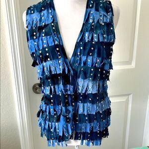 Patricia Herman Fabulous VTG Blue Fringed Sequins & Tie Dye Vest SZ S/M Back Tie